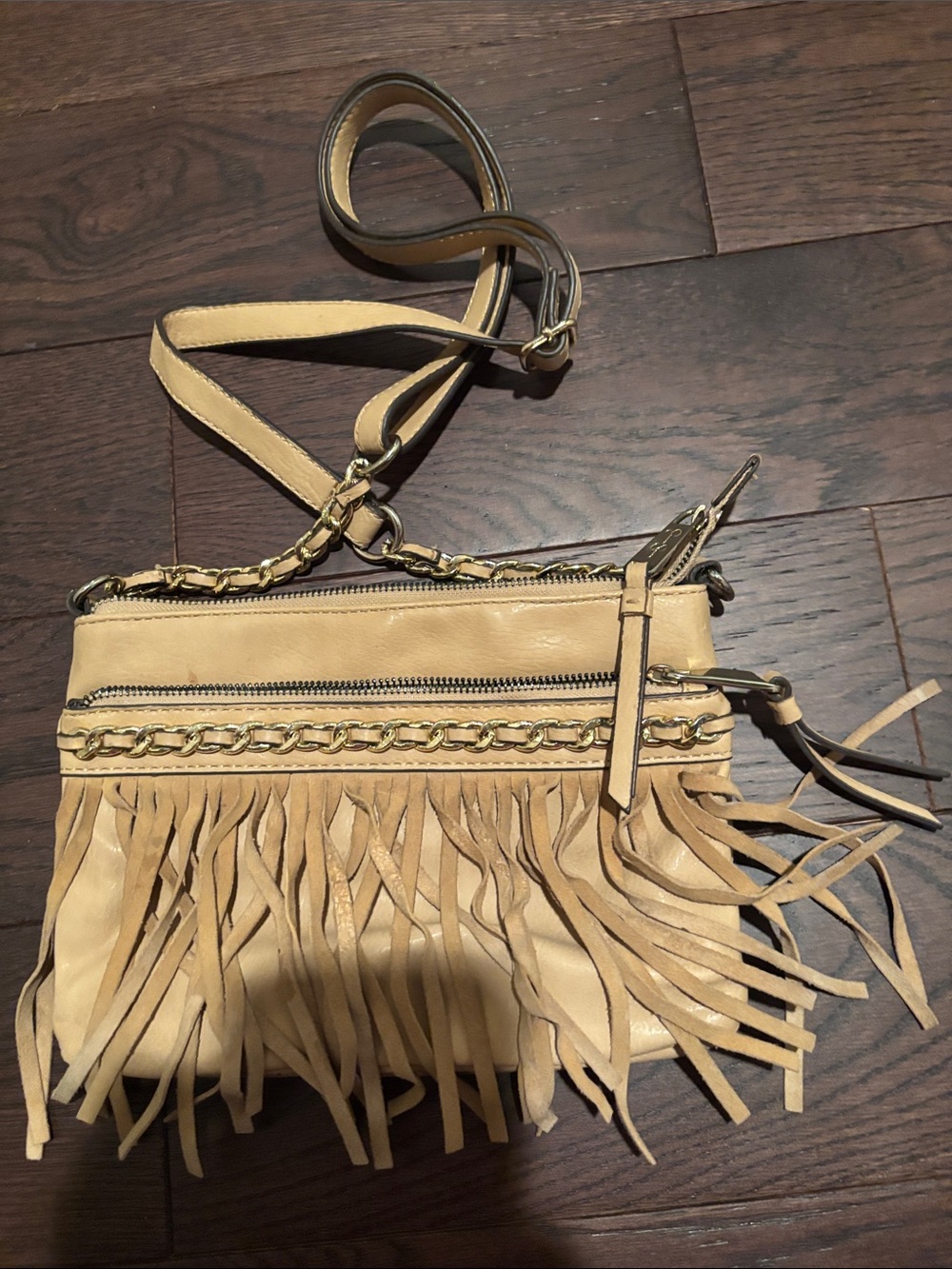 Jessica Simpson Beige Fringe Crossbody Bag with Chain Trim